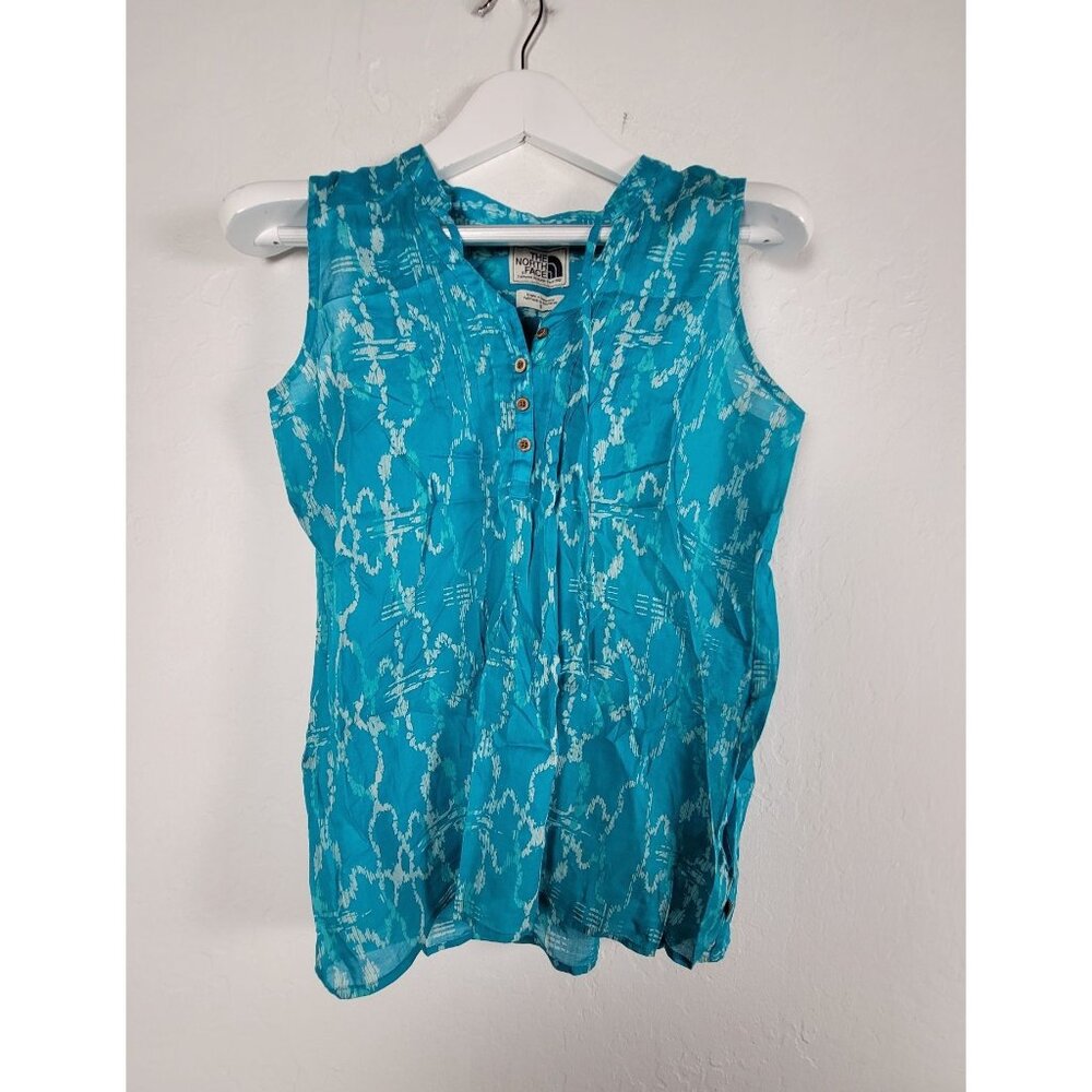 The North Face Womens Sleeveless Blue Printed Button-Front Popover Top Small